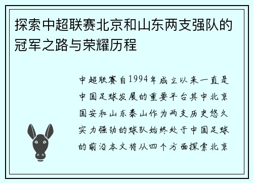 探索中超联赛北京和山东两支强队的冠军之路与荣耀历程