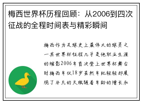 梅西世界杯历程回顾:从2006到四次征战的全程时间表与精彩瞬间 梅西世界杯历程回顾:从2006到四次征战的全程时间表与精彩瞬间