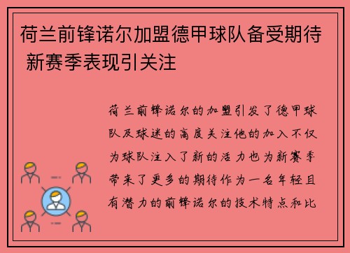 荷兰前锋诺尔加盟德甲球队备受期待 新赛季表现引关注